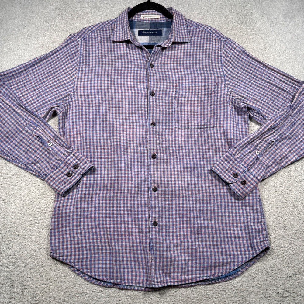 Tommy Bahama Button Down Shirt Mens M Blue Red Plaid Cotton Long Sleeve